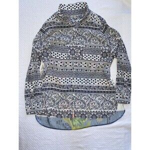 John Mark Women's Mixed Media Floral Boho Button Front Blouse Large Blue White